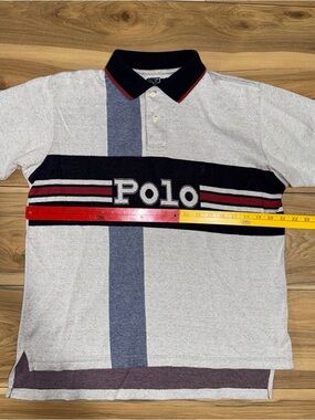 VTG 90s Polo Sport Spellout Striped Rugby Shirt Youth L Ralph Lauren Stadium (M)